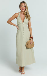 Beata Midi Dress - Plunge Halter A Line Dress in Sage