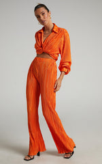 Beca Pants - High Waisted Plisse Flared Pants in Bright Orange
