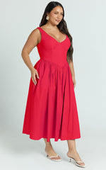 Beckett Midi Dress - Scoop Neck Drop V Waist Gathered Skirt Dress in Red