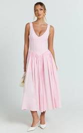 Beckett Midi Dress - Scoop Neck Drop V Waist Gathered Skirt Dress in Pink