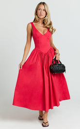 Beckett Midi Dress - Scoop Neck Drop V Waist Gathered Skirt Dress in Red