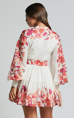 Becky Mini Dress - Long Bishop Sleeve Tiered Dress in Wildflower Print