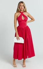 Belle Midi Dress - Keyhole Halter With V Yoke Dress in Red