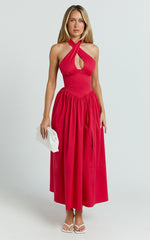 Belle Midi Dress - Keyhole Halter With V Yoke Dress in Red
