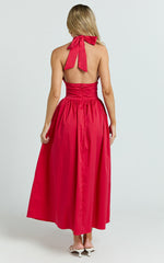 Belle Midi Dress - Keyhole Halter With V Yoke Dress in Red