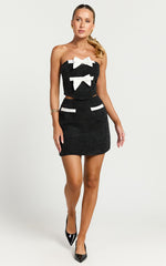 Bettina Two Piece Top and Skirt Set - Strapless Boucle Bow Top and Mini Skirt Set in Black