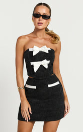 Bettina Two Piece Top and Skirt Set - Strapless Boucle Bow Top and Mini Skirt Set in Black