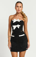 Bettina Two Piece Top and Skirt Set - Strapless Boucle Bow Top and Mini Skirt Set in Black