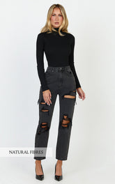 Billie Jeans - High Waisted Cotton Distressed Mom Denim Jeans in Black Wash