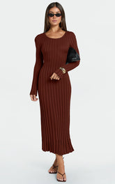 Blaire Midi Dress - Long Sleeve Tie Back Flare Dress in Chocolate
