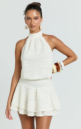 Bonnie Mini Dress - Backless Halter Drop Waist Dress in Ivory