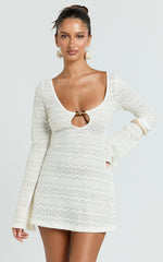 Bonnie Mini Dress - Beaded Keyhole Neckline Long Sleeve Dress in Ivory