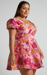 Brailey Jacquard Mini Dress - Puff Sleeve Dress in Pink