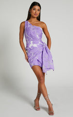 Brailey Mini Dress - One Shoulder Wrap Front Dress in Purple Jacquard