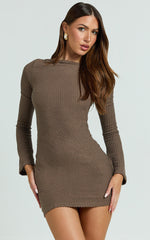 Brenda Mini Dress - Boat Neck Rib Knit Bodycon Dress in Mocha