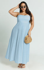Brette Midi Dress - Linen Straight Neck Strappy Fit And Flare Dress in Blue