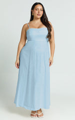 Brette Midi Dress - Linen Straight Neck Strappy Fit And Flare Dress in Blue