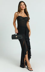 Brionna Maxi Dress - Lace Neck Ruched Ruffle Hem Dress in Black
