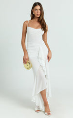 Brionna Maxi Dress - Lace Neck Ruched Ruffle Hem Dress in White