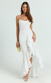Brionna Maxi Dress - Lace Neck Ruched Ruffle Hem Dress in White