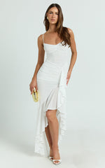 Brionna Maxi Dress - Lace Neck Ruched Ruffle Hem Dress in White
