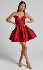 Britany Mini Dress - V Neck Tiered Strappy Tiered Fit and Flare Dress in Red
