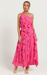 Britney Midi Linen Blend Dress - One Shoulder Ruffle Detail Dress in Pink