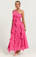 Britney Midi Linen Blend Dress - One Shoulder Ruffle Detail Dress in Pink