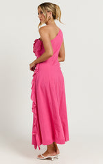 Britney Midi Linen Blend Dress - One Shoulder Ruffle Detail Dress in Pink
