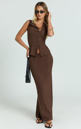 Brittany Two Piece Top and Skirt Set - Ribbed Midi Skirt Set in Chocolate