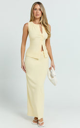 Brittany Two Piece Top and Skirt Set - Ribbed Midi Skirt Set in Yellow