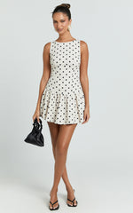 Brooke Mini Dress - Boat Neck Drop Waist Dress in Cream Polka Dot