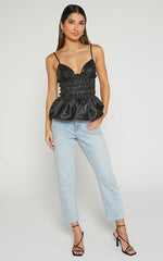 Brunetta Top - Sequin Shirred Peplum Top in Black