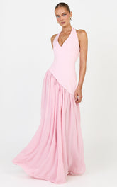 Calla Maxi Dress - Halter Neck Asymmetric Dropped Waist Dress in Pink
