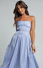 Callie Midi Dress - Satin Gathered Bust Detail Dress in Blue
