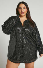 Cally Mini Dress - Oversized Shirt Dress in Black Sequin