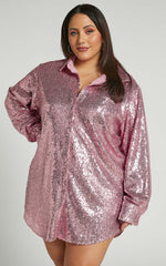 Cally Mini Dress - Oversized Shirt Dress in Lilac Sequin