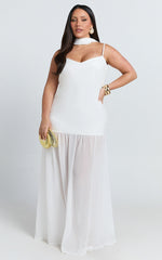 Calvin Maxi Dress - Linen Look Contrast Georgette Skirt with Neck Scarf in White