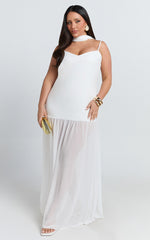 Calvin Maxi Dress - Linen Look Contrast Georgette Skirt with Neck Scarf in White