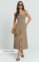 Cameron Midi Dress - Button Front Tie Back Dress in Mocha