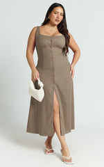 Cameron Midi Dress - Button Front Tie Back Dress in Mocha