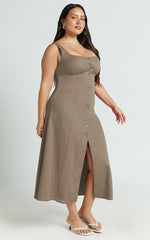 Cameron Midi Dress - Button Front Tie Back Dress in Mocha