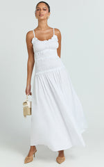 Cami Midi Dress - Rushed Bodice Dress in White
