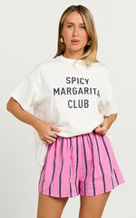 Camie Two Piece Top and Shorts Set - Spicy Margarita Club T-shirt Set in White/Pink