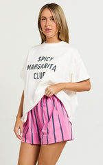 Camie Two Piece Top and Shorts Set - Spicy Margarita Club T-shirt Set in White/Pink