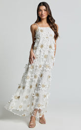Candice Maxi Dress - Straight Neck Floral Embroidery Detail Shift Dress in White