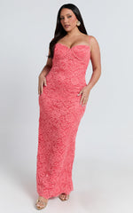 Carli Maxi Dress - Adjustable Strap Corset Bodycon Lace Dress in Watermelon