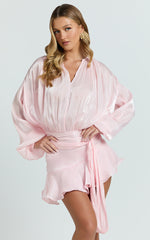 Carmela Mini Dress - Long Sleeve Tie Neck Ruffle Skirt Dress in Pink