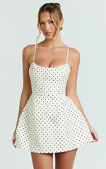 Carolina Mini Dress - Scoop Neck Panel Bodice Dress in White Polka Dot