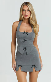 Cartia Two Piece Top and Skirt Set - Bow Front Vest And Fitted Double Leg Split Mini Skirt Set in Grey